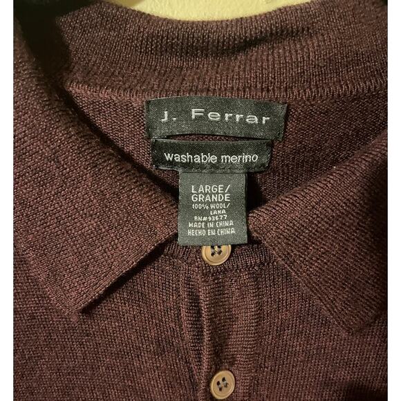 J Ferrar Sweater Mens Lg Washable Merino Wool Collared Polo Maroon Preppy Golf - Picture 5 of 6